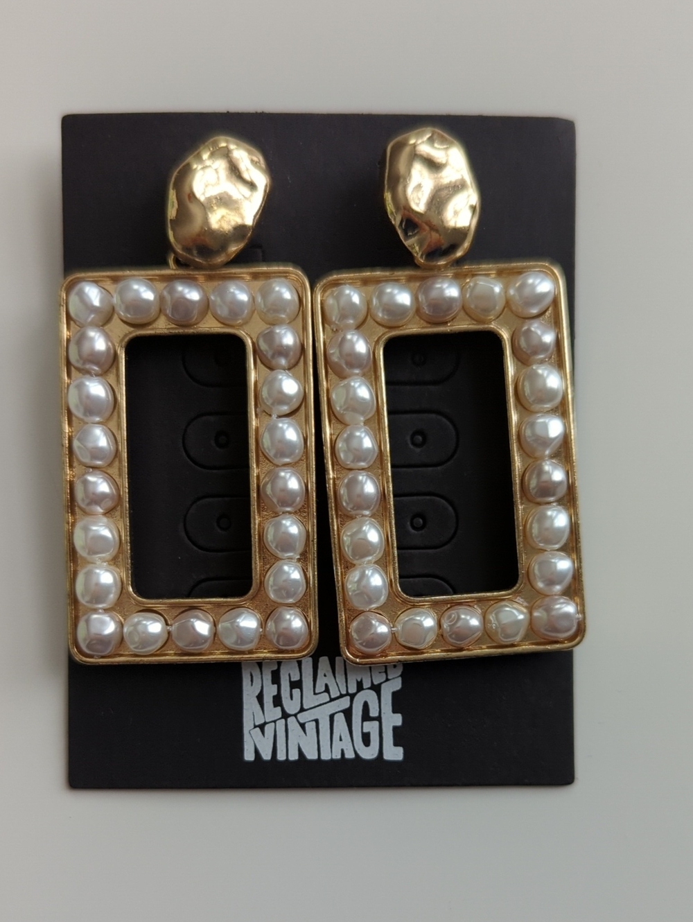 Reclaimed Vintage Gold Rectangular Pearl-Trim Drop Earrings